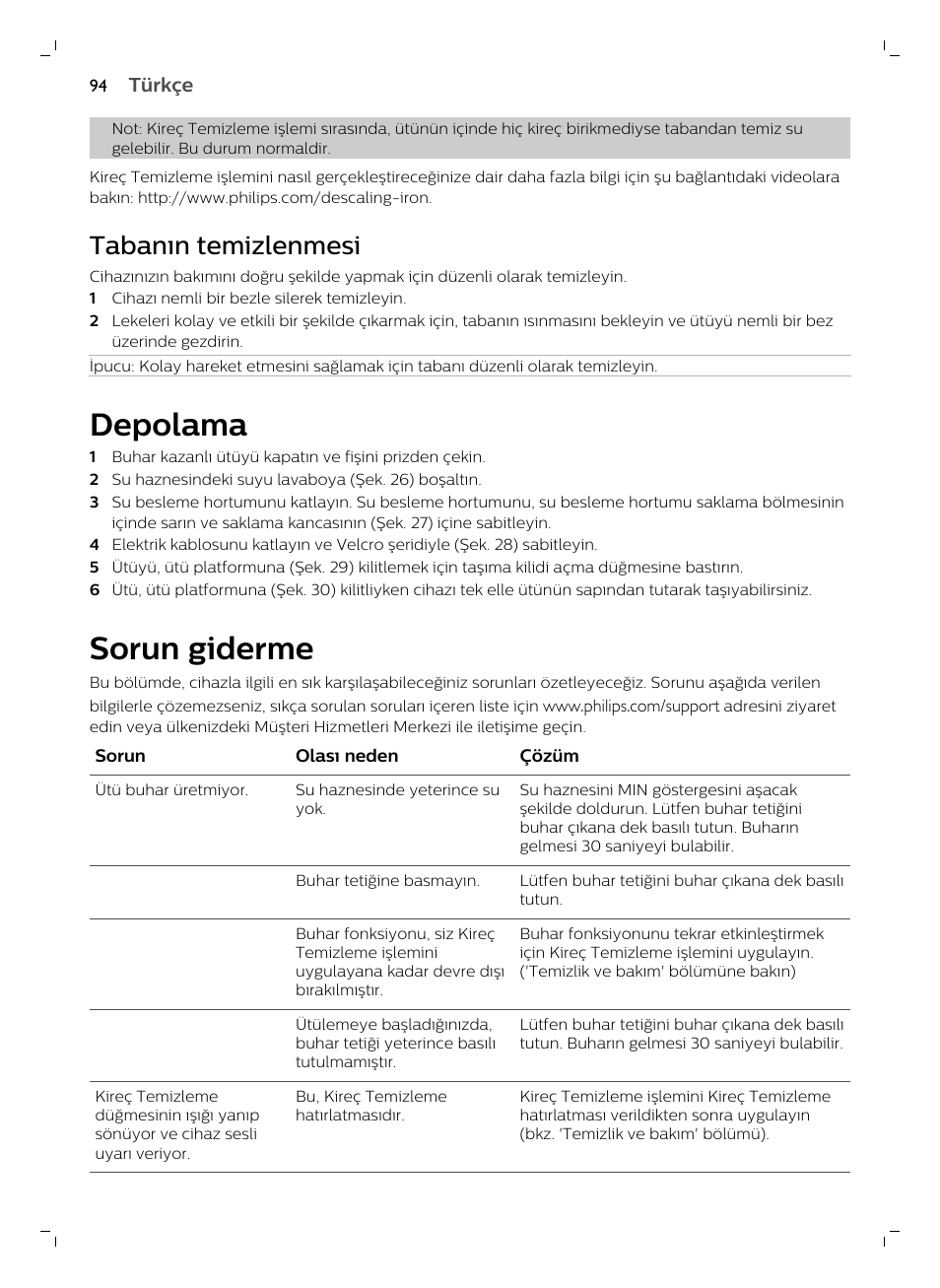 Tabanın temizlenmesi, Depolama, Sorun giderme | Philips GC7833/80 User Manual | Page 94 / 138