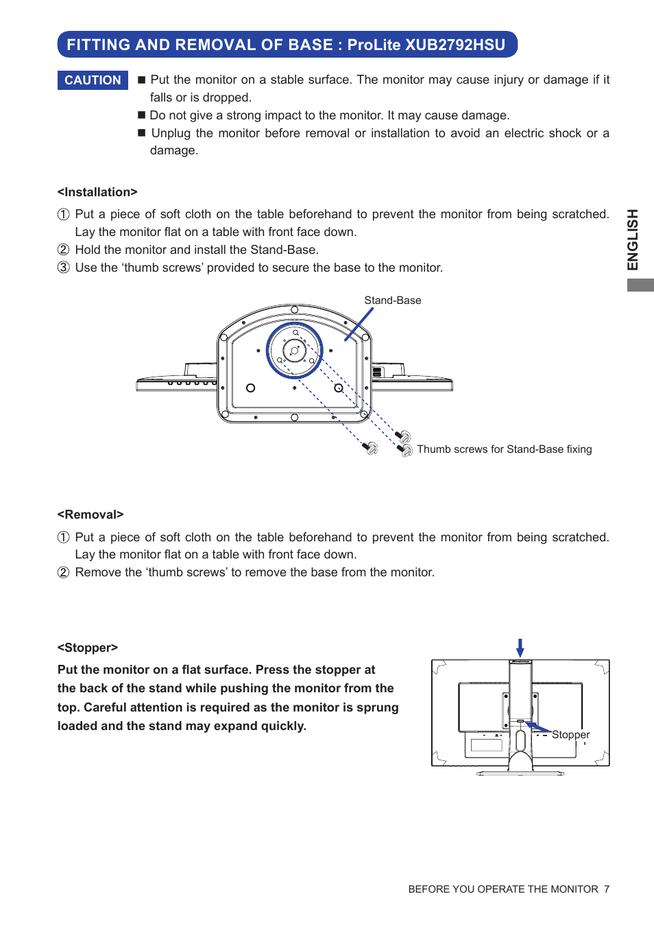 Fitting and removal of base : prolite xub2792hsu | Iiyama xub2792hsu User Manual | Page 12 / 40
