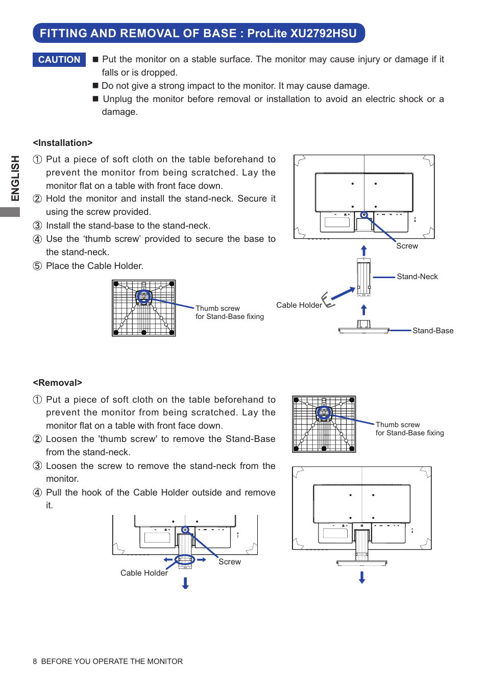 Fitting and removal of base : prolite xu2792hsu | Iiyama xub2792hsu User Manual | Page 13 / 40