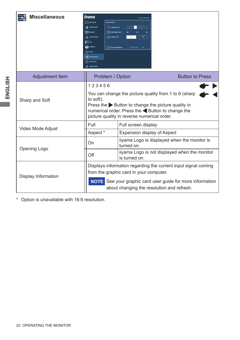 English, Miscellaneous, Adjustment item problem / option button to press | Option is unavailable with 16:9 resolution | Iiyama xub2792hsu User Manual | Page 27 / 40