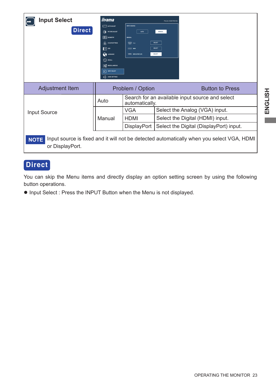 English, Input select, Adjustment item problem / option button to press | Direct, Manual | Iiyama xub2792hsu User Manual | Page 28 / 40