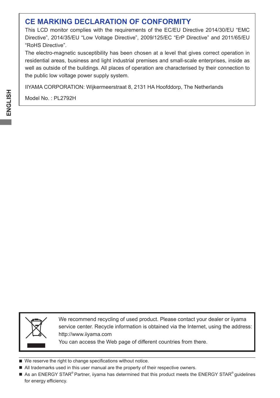 Ce marking declaration of conformity, English | Iiyama xub2792hsu User Manual | Page 4 / 40