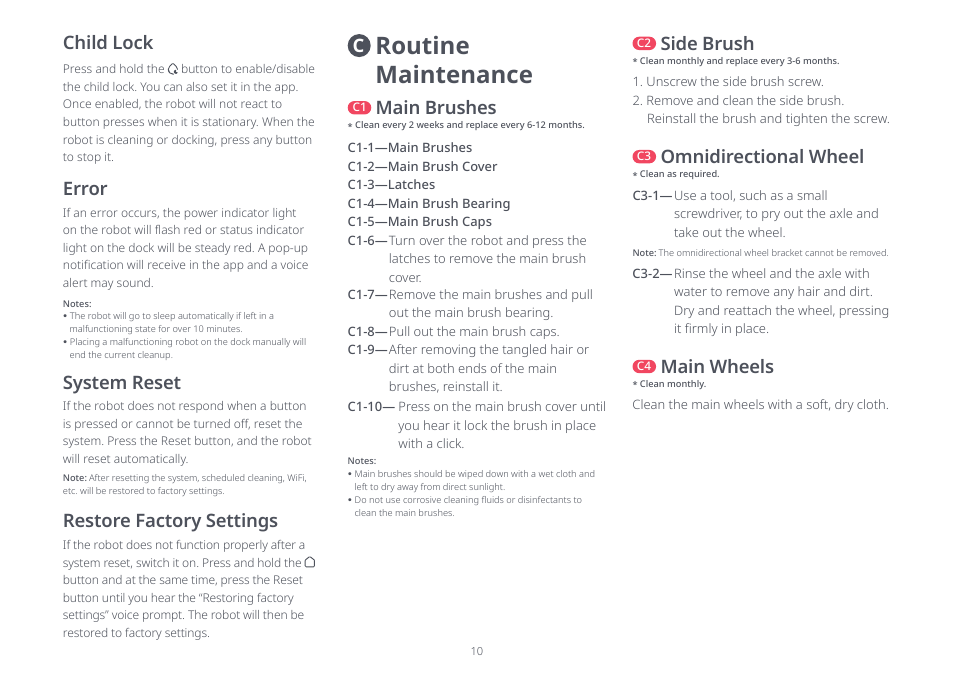 Routine maintenance, Restore factory settings, System reset | Main brushes, Side brush, Cchild lock, Error, Omnidirectional wheel, Main wheels | Roborock S8 Pro Ultra CE User Manual | Page 10 / 92