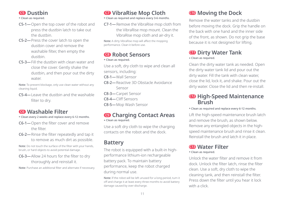 Battery, Washable filter, Moving the dock | Vibrarise mop cloth, Charging contact areas, Robot sensors, Dirty water tank, Water filter, High-speed maintenance brush, Dustbin | Roborock S8 Pro Ultra CE User Manual | Page 11 / 92