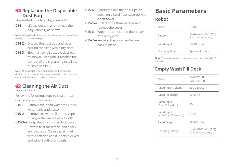 Basic parameters, Replacing the disposable dust bag, Cleaning the air duct | Robot, Empty wash fill dock | Roborock S8 Pro Ultra CE User Manual | Page 12 / 92