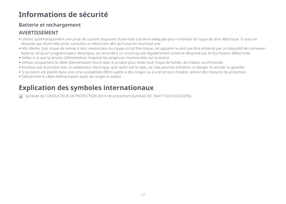 Informations de sécurité, Explication des symboles internationaux, Batterie et rechargement avertissement | Roborock S8 Pro Ultra CE User Manual | Page 17 / 92