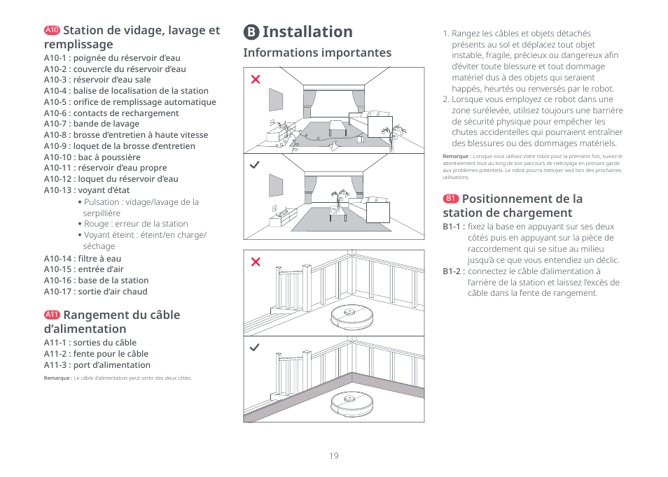 Installation, Station de vidage, lavage et remplissage, Rangement du câble d’alimentation | Informations importantes, Positionnement de la station de chargement | Roborock S8 Pro Ultra CE User Manual | Page 19 / 92