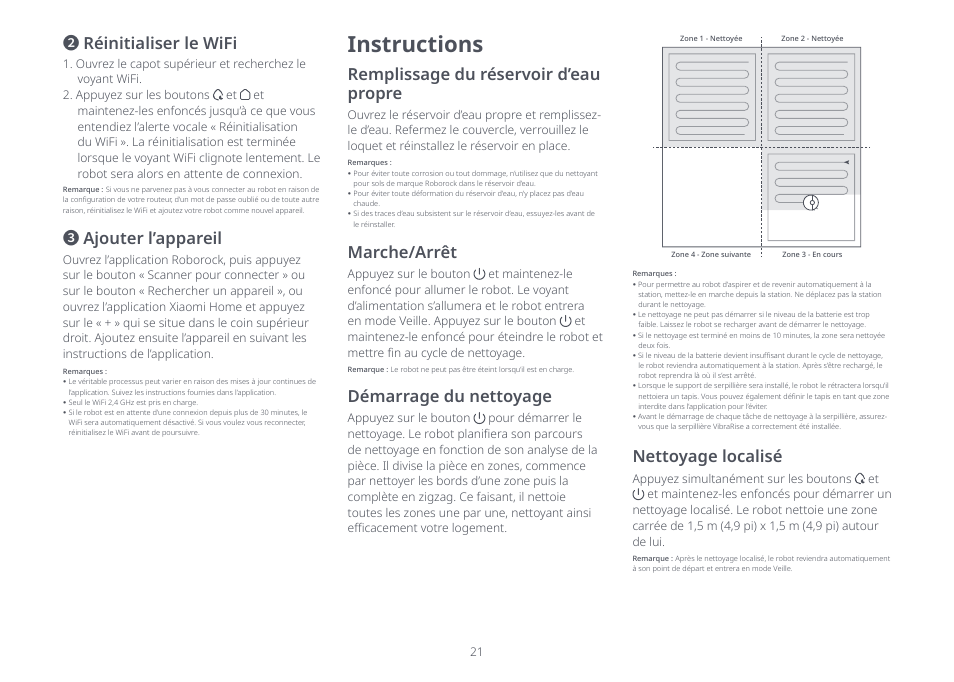 Instructions, Réinitialiser le wifi, Ajouter l’appareil | Remplissage du réservoir d’eau propre, Marche/arrêt, Démarrage du nettoyage, Nettoyage localisé | Roborock S8 Pro Ultra CE User Manual | Page 21 / 92