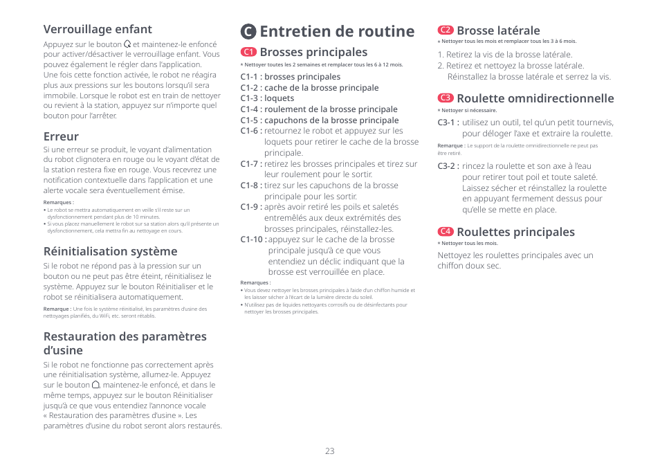 Entretien de routine, Restauration des paramètres d’usine, Réinitialisation système | Brosses principales, Brosse latérale, Verrouillage enfant, Erreur, Roulette omnidirectionnelle, Roulettes principales | Roborock S8 Pro Ultra CE User Manual | Page 23 / 92