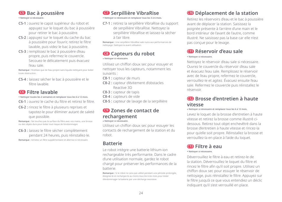 Batterie, Filtre lavable, Déplacement de la station | Serpillière vibrarise, Zones de contact de rechargement, Capteurs du robot, Réservoir d’eau sale, Filtre à eau, Brosse d’entretien à haute vitesse, Bac à poussière | Roborock S8 Pro Ultra CE User Manual | Page 24 / 92