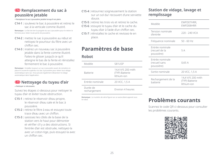 Paramètres de base problèmes courants, Remplacement du sac à poussière jetable, Nettoyage du tuyau d’air | Robot, Station de vidage, lavage et remplissage | Roborock S8 Pro Ultra CE User Manual | Page 25 / 92