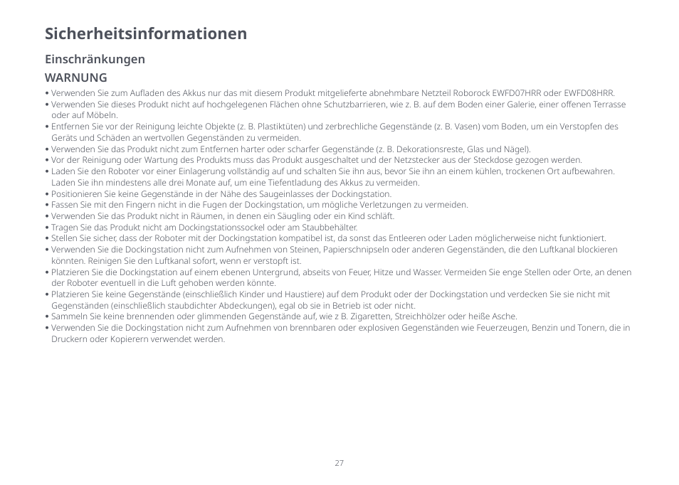 Sicherheitsinformationen, Einschränkungen, Warnung | Roborock S8 Pro Ultra CE User Manual | Page 27 / 92