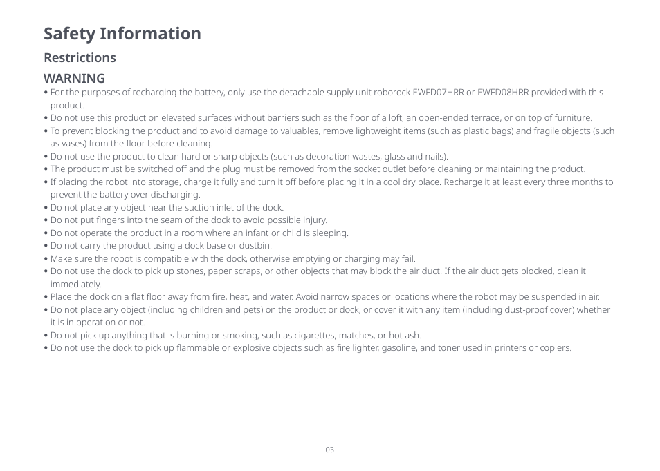 Safety information, Restrictions, Warning | Roborock S8 Pro Ultra CE User Manual | Page 3 / 92