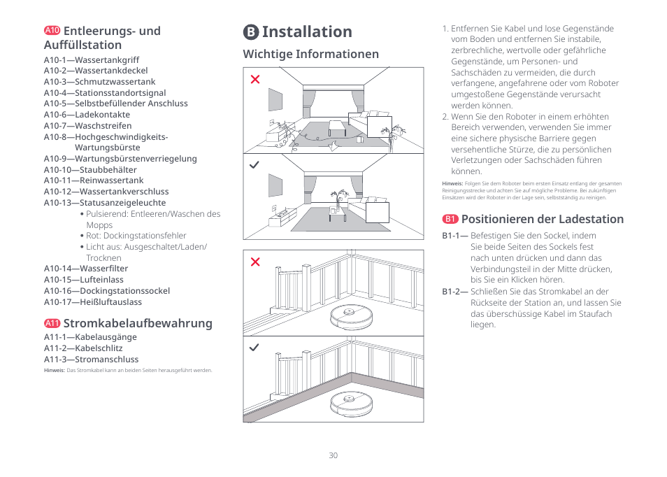 Installation, Entleerungs- und auffüllstation, Stromkabelaufbewahrung | Wichtige informationen, Positionieren der ladestation | Roborock S8 Pro Ultra CE User Manual | Page 30 / 92