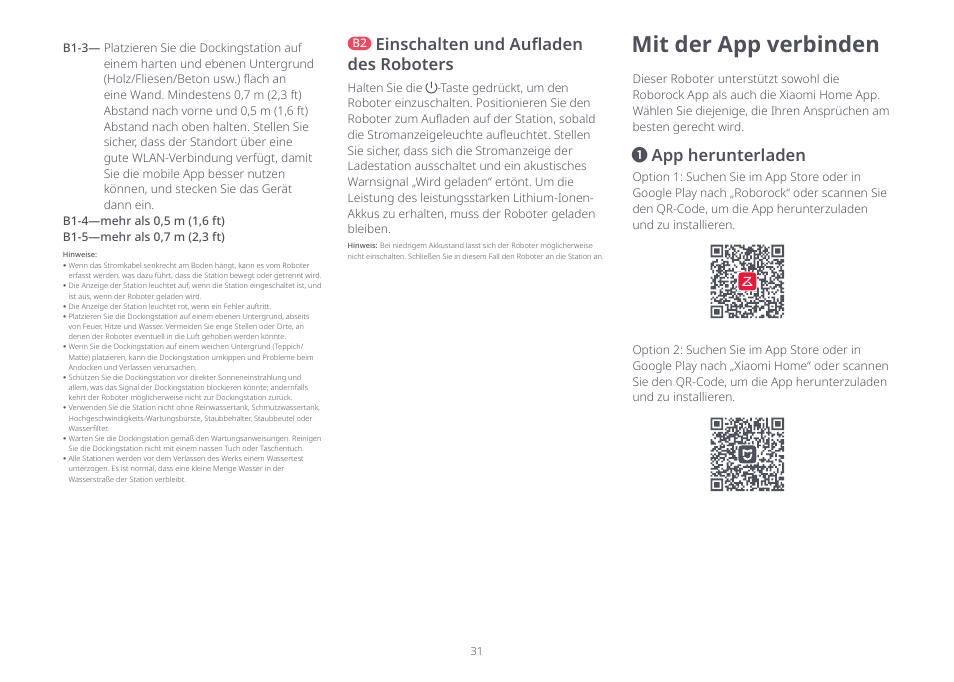 Mit der app verbinden, App herunterladen, Einschalten und aufladen des roboters | Roborock S8 Pro Ultra CE User Manual | Page 31 / 92