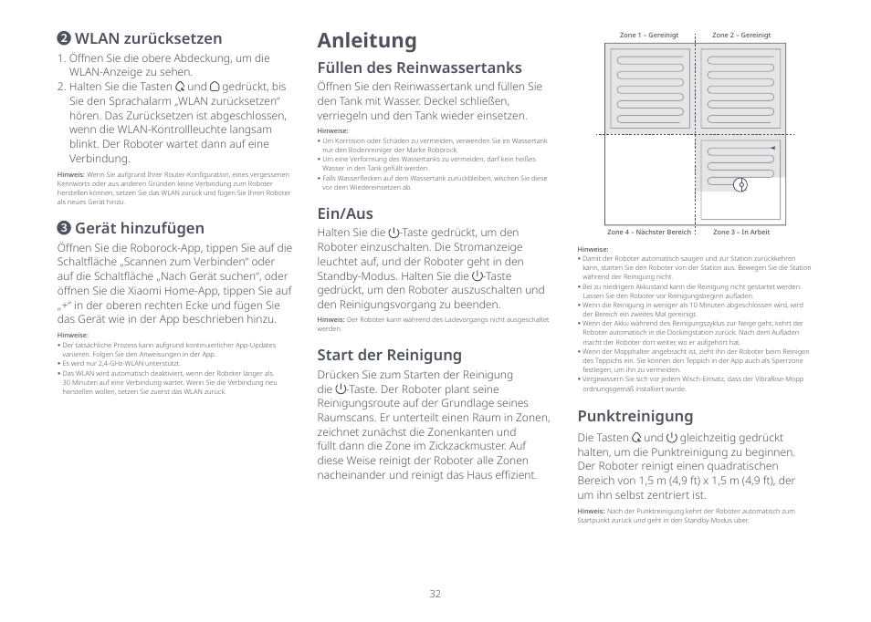 Anleitung, Wlan zurücksetzen, Gerät hinzufügen | Füllen des reinwassertanks, Ein/aus, Start der reinigung, Punktreinigung | Roborock S8 Pro Ultra CE User Manual | Page 32 / 92