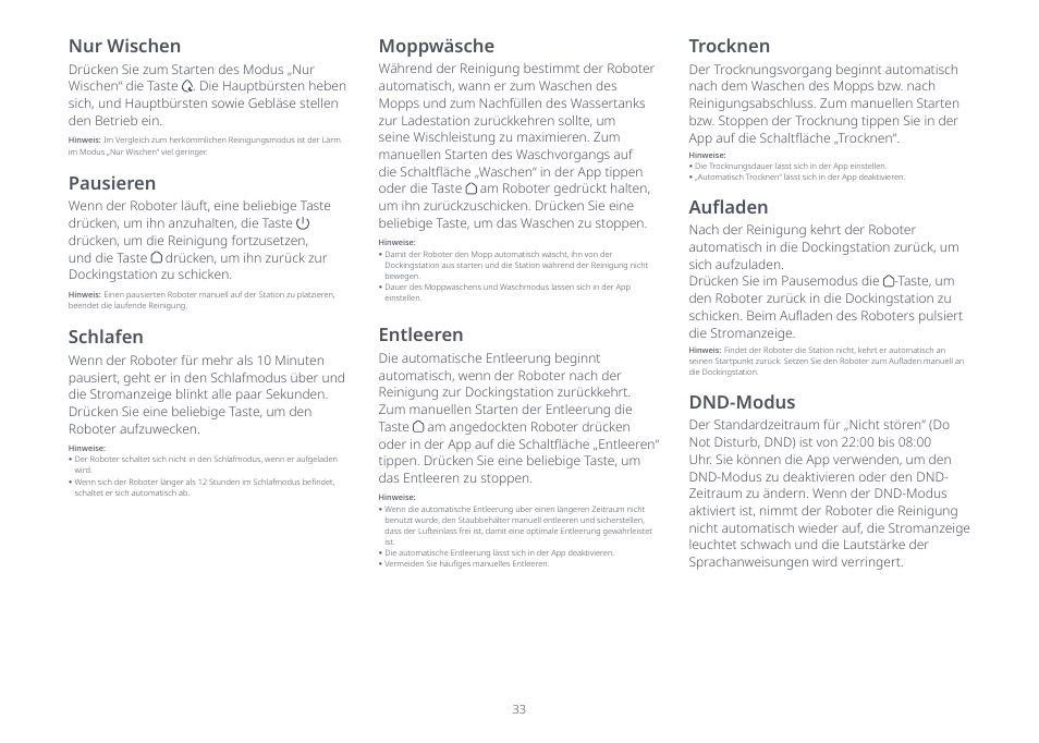 Pausieren, Trocknen, Nur wischen | Schlafen, Dnd-modus aufladen, Moppwäsche, Entleeren | Roborock S8 Pro Ultra CE User Manual | Page 33 / 92