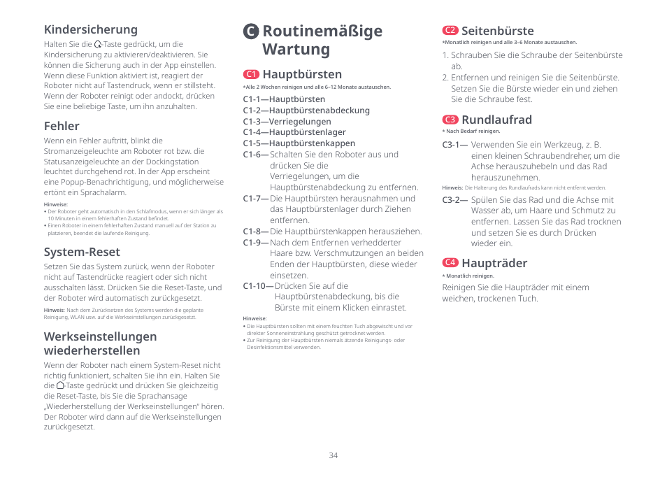 Routinemäßige wartung, Werkseinstellungen wiederherstellen, System-reset | Hauptbürsten, Seitenbürste, Kindersicherung, Fehler, Rundlaufrad, Haupträder | Roborock S8 Pro Ultra CE User Manual | Page 34 / 92