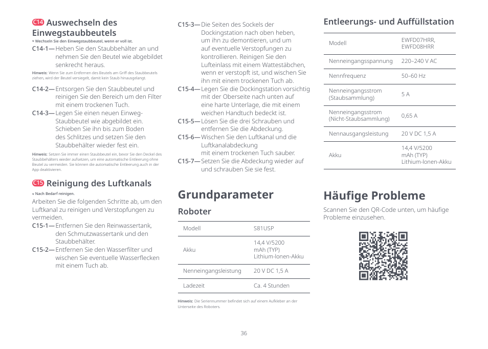 Grundparameter, Häufige probleme, Auswechseln des einwegstaubbeutels | Reinigung des luftkanals, Roboter, Entleerungs- und auffüllstation | Roborock S8 Pro Ultra CE User Manual | Page 36 / 92