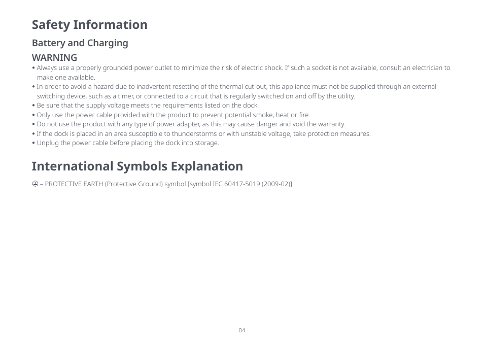 International symbols explanation, Safety information, Battery and charging warning | Roborock S8 Pro Ultra CE User Manual | Page 4 / 92