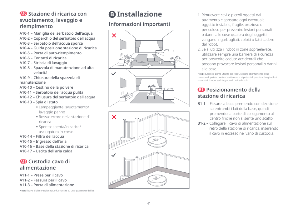 Installazione, Custodia cavo di alimentazione, Informazioni importanti | Posizionamento della stazione di ricarica | Roborock S8 Pro Ultra CE User Manual | Page 41 / 92