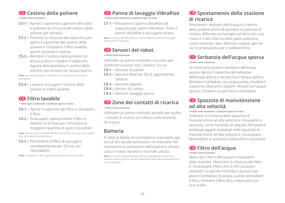 Batteria, Filtro lavabile, Spostamento della stazione di ricarica | Panno di lavaggio vibrarise, Zone dei contatti di ricarica, Sensori del robot, Serbatoio dell'acqua sporca, Filtro dell'acqua, Spazzola di manutenzione ad alta velocità, Cestino della polvere | Roborock S8 Pro Ultra CE User Manual | Page 46 / 92