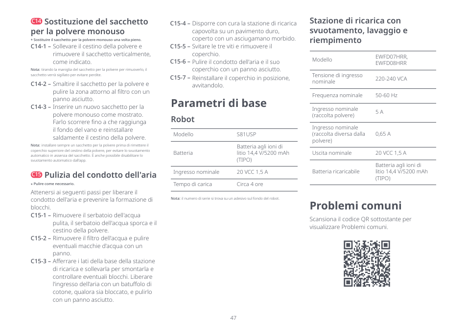 Parametri di base, Problemi comuni, Sostituzione del sacchetto per la polvere monouso | Pulizia del condotto dell'aria, Robot | Roborock S8 Pro Ultra CE User Manual | Page 47 / 92