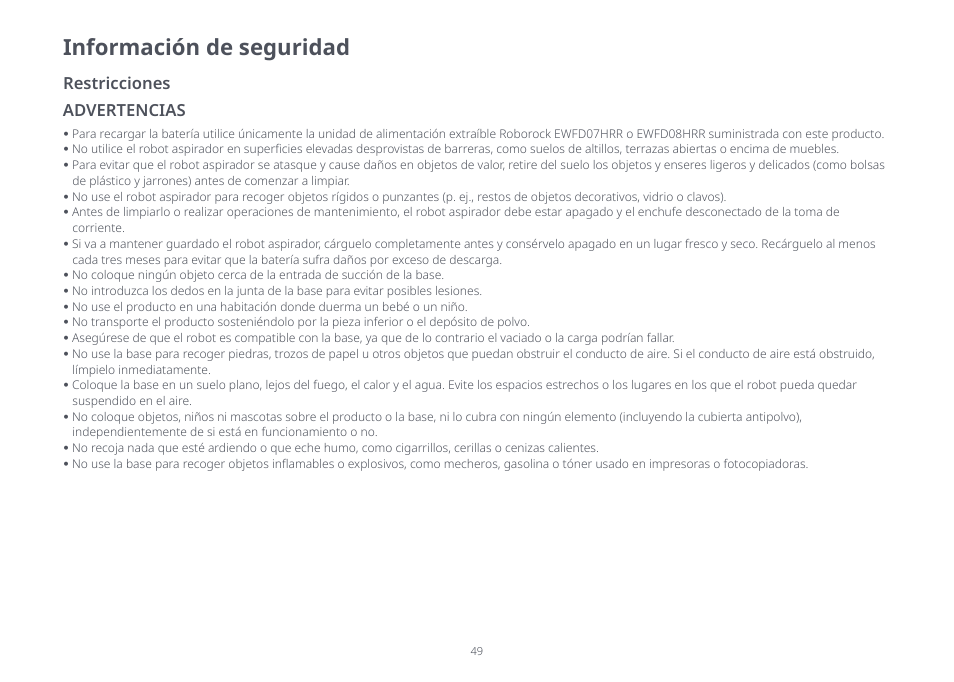 Información de seguridad, Advertencias restricciones | Roborock S8 Pro Ultra CE User Manual | Page 49 / 92