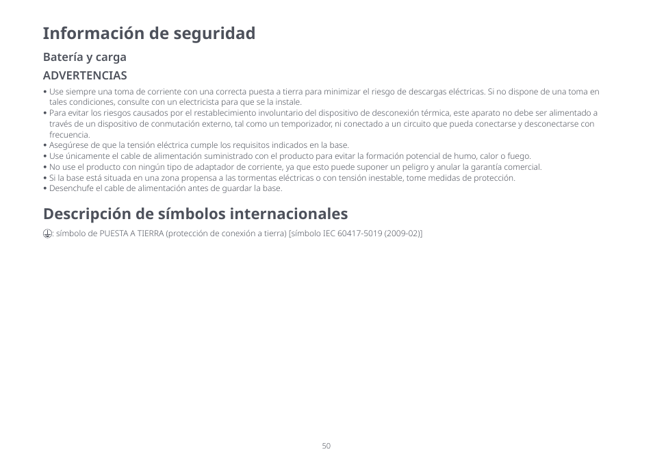 Información de seguridad, Descripción de símbolos internacionales, Batería y carga advertencias | Roborock S8 Pro Ultra CE User Manual | Page 50 / 92