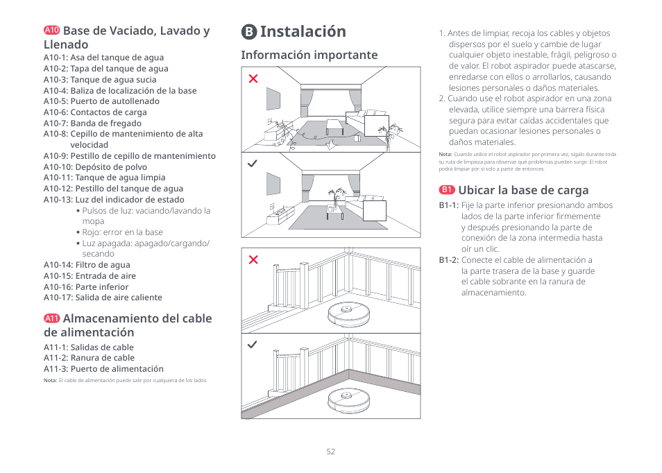 Instalación, Base de vaciado, lavado y llenado, Almacenamiento del cable de alimentación | Información importante, Ubicar la base de carga | Roborock S8 Pro Ultra CE User Manual | Page 52 / 92