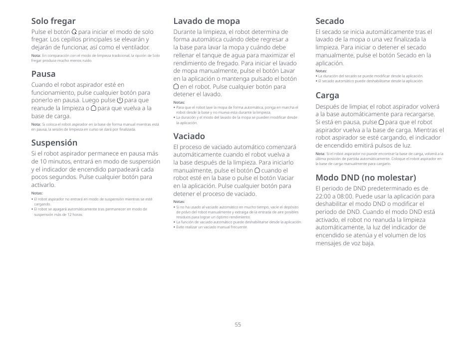 Pausa, Secado, Solo fregar | Suspensión, Modo dnd (no molestar) carga, Lavado de mopa, Vaciado | Roborock S8 Pro Ultra CE User Manual | Page 55 / 92