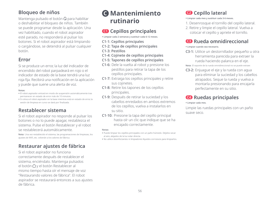 Mantenimiento rutinario, Restaurar ajustes de fábrica, Restablecer sistema | Cepillos principales, Cepillo lateral, Bloqueo de niños, Error, Rueda omnidireccional, Ruedas principales | Roborock S8 Pro Ultra CE User Manual | Page 56 / 92