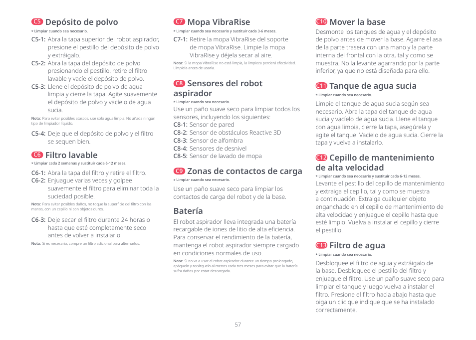 Batería, Filtro lavable, Mover la base | Mopa vibrarise, Zonas de contactos de carga, Sensores del robot aspirador, Tanque de agua sucia, Filtro de agua, Cepillo de mantenimiento de alta velocidad, Depósito de polvo | Roborock S8 Pro Ultra CE User Manual | Page 57 / 92