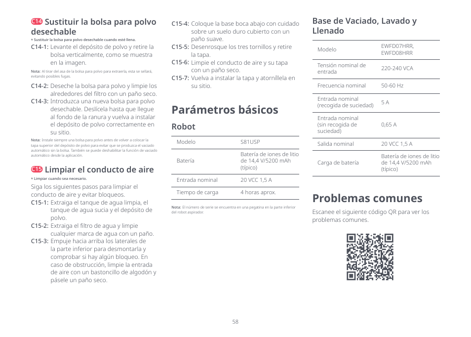 Parámetros básicos, Problemas comunes, Sustituir la bolsa para polvo desechable | Limpiar el conducto de aire, Robot, Base de vaciado, lavado y llenado | Roborock S8 Pro Ultra CE User Manual | Page 58 / 92