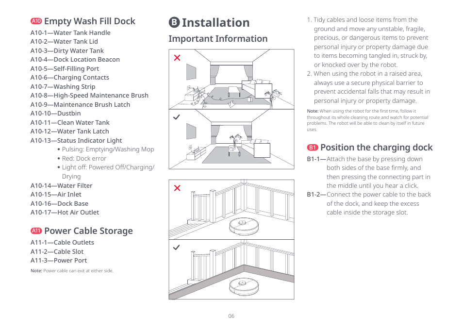 Installation, Empty wash fill dock, Power cable storage | Bimportant information, Position the charging dock | Roborock S8 Pro Ultra CE User Manual | Page 6 / 92