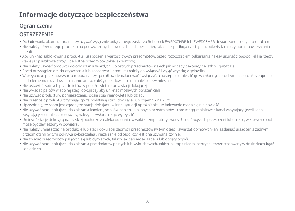 Informacje dotyczące bezpieczeństwa, Ostrzeżenie ograniczenia | Roborock S8 Pro Ultra CE User Manual | Page 60 / 92