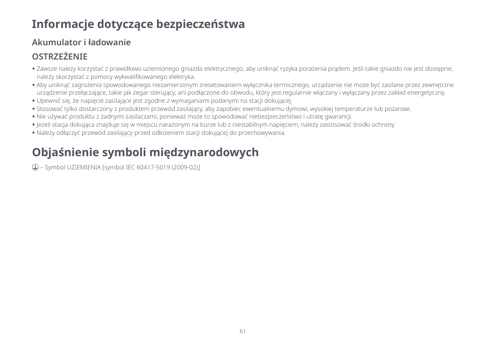 Objaśnienie symboli międzynarodowych, Informacje dotyczące bezpieczeństwa, Akumulator i ładowanie ostrzeżenie | Roborock S8 Pro Ultra CE User Manual | Page 61 / 92