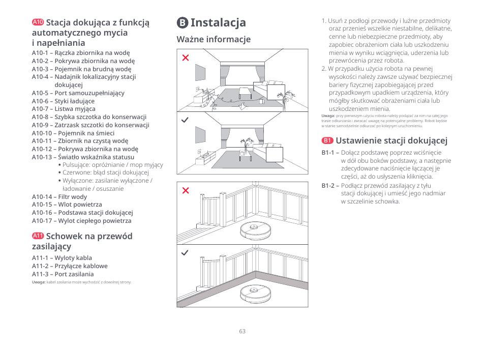 Instalacja, Schowek na przewód zasilający, Ważne informacje | Ustawienie stacji dokującej | Roborock S8 Pro Ultra CE User Manual | Page 63 / 92