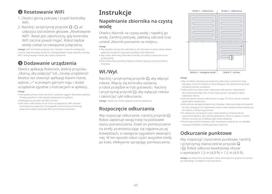 Instrukcje, Resetowanie wifi, Dodawanie urządzenia | Napełnianie zbiornika na czystą wodę, Wł./wył, Rozpoczęcie odkurzania, Odkurzanie punktowe | Roborock S8 Pro Ultra CE User Manual | Page 65 / 92