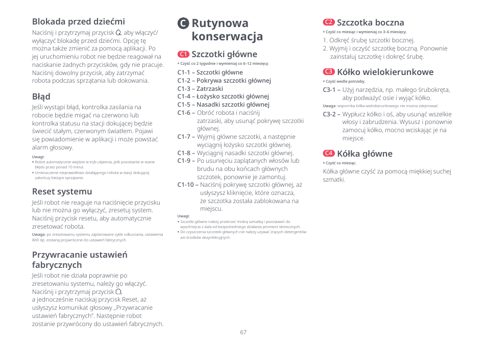 Rutynowa konserwacja, Przywracanie ustawień fabrycznych, Reset systemu | Szczotki główne, Szczotka boczna, Blokada przed dziećmi, Błąd, Kółko wielokierunkowe, Kółka główne | Roborock S8 Pro Ultra CE User Manual | Page 67 / 92