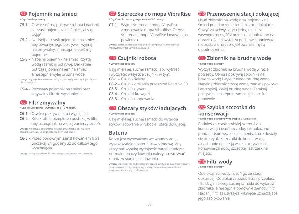 Bateria, Filtr zmywalny, Przenoszenie stacji dokującej | Ściereczka do mopa vibrarise, Obszary styków ładujących, Czujniki robota, Zbiornik na brudną wodę, Filtr wody, Szybka szczotka do konserwacji, Pojemnik na śmieci | Roborock S8 Pro Ultra CE User Manual | Page 68 / 92