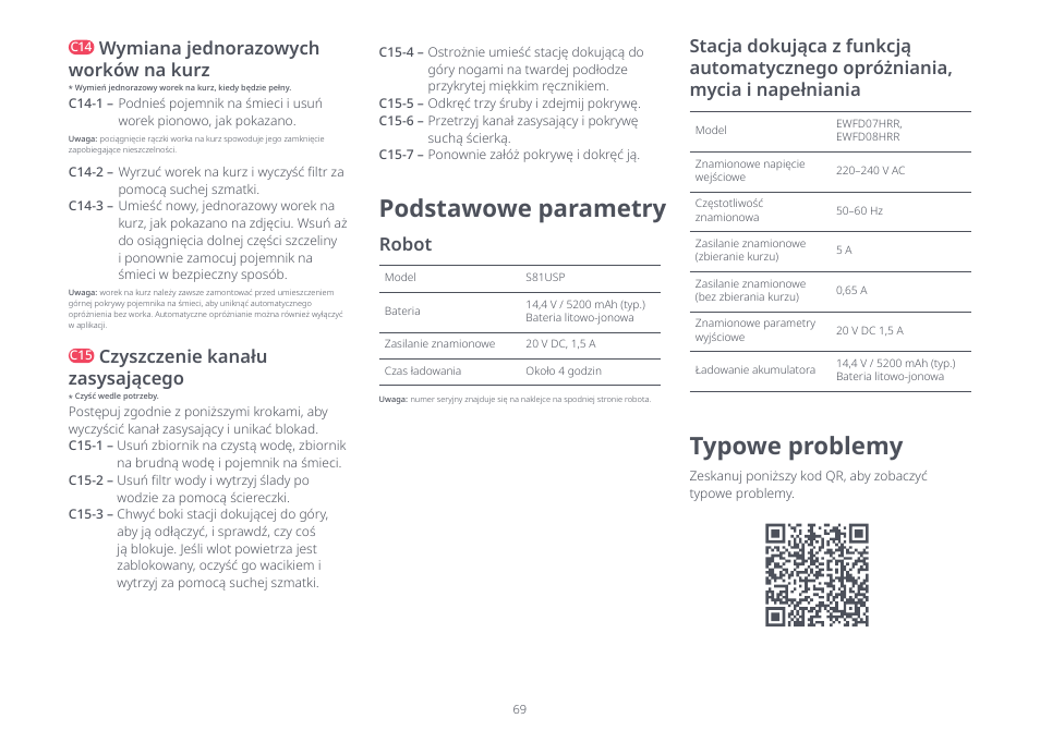 Podstawowe parametry, Typowe problemy, Wymiana jednorazowych worków na kurz | Czyszczenie kanału zasysającego, Robot | Roborock S8 Pro Ultra CE User Manual | Page 69 / 92