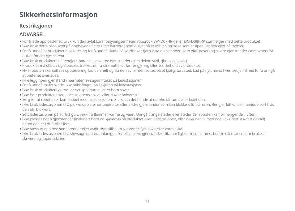 Sikkerhetsinformasjon, Advarsel restriksjoner | Roborock S8 Pro Ultra CE User Manual | Page 71 / 92