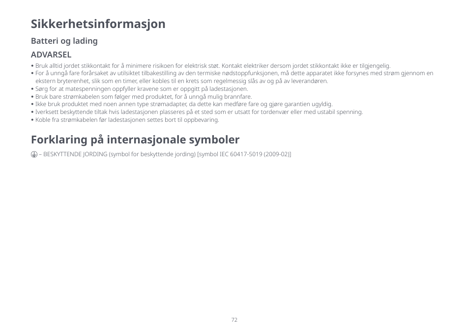 Sikkerhetsinformasjon, Forklaring på internasjonale symboler, Batteri og lading advarsel | Roborock S8 Pro Ultra CE User Manual | Page 72 / 92