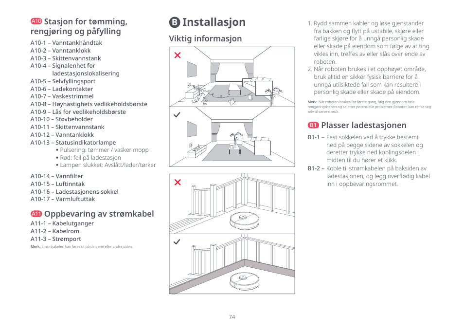 Installasjon, Stasjon for tømming, rengjøring og påfylling, Oppbevaring av strømkabel | Viktig informasjon, Plasser ladestasjonen | Roborock S8 Pro Ultra CE User Manual | Page 74 / 92