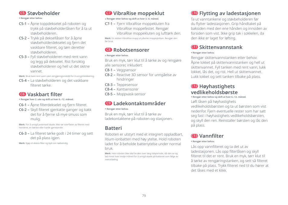 Batteri, Vaskbart filter, Flytting av ladestasjonen | Vibrarise moppeklut, Ladekontaktområder, Robotsensorer, Skittenvannstank, Vannfilter, Høyhastighets vedlikeholdsbørste, Støvbeholder | Roborock S8 Pro Ultra CE User Manual | Page 79 / 92