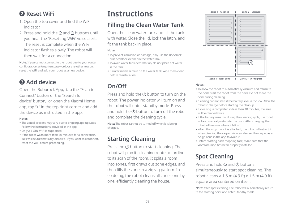 Instructions, Reset wifi, Add device | Filling the clean water tank, On/off, Starting cleaning, Spot cleaning | Roborock S8 Pro Ultra CE User Manual | Page 8 / 92