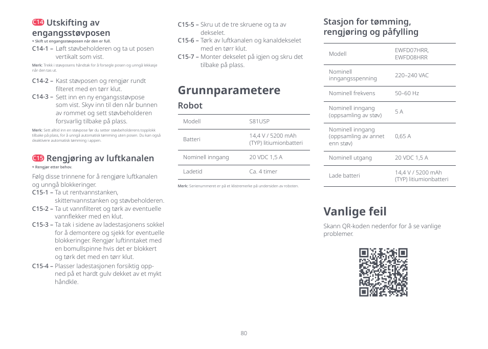 Grunnparametere, Vanlige feil, Utskifting av engangsstøvposen | Rengjøring av luftkanalen, Robot, Stasjon for tømming, rengjøring og påfylling | Roborock S8 Pro Ultra CE User Manual | Page 80 / 92