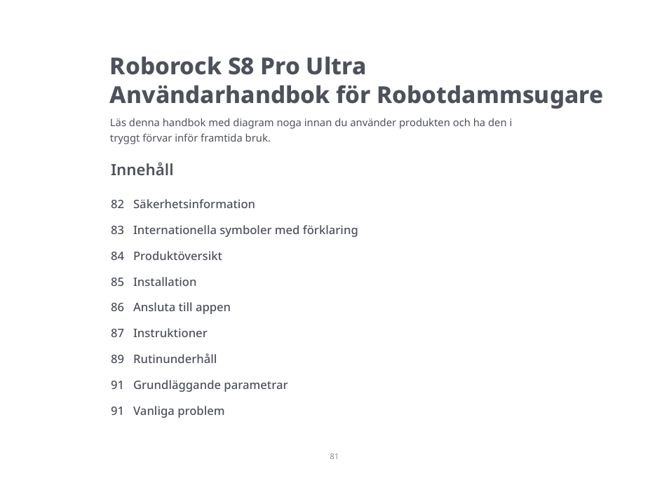 Innehåll | Roborock S8 Pro Ultra CE User Manual | Page 81 / 92