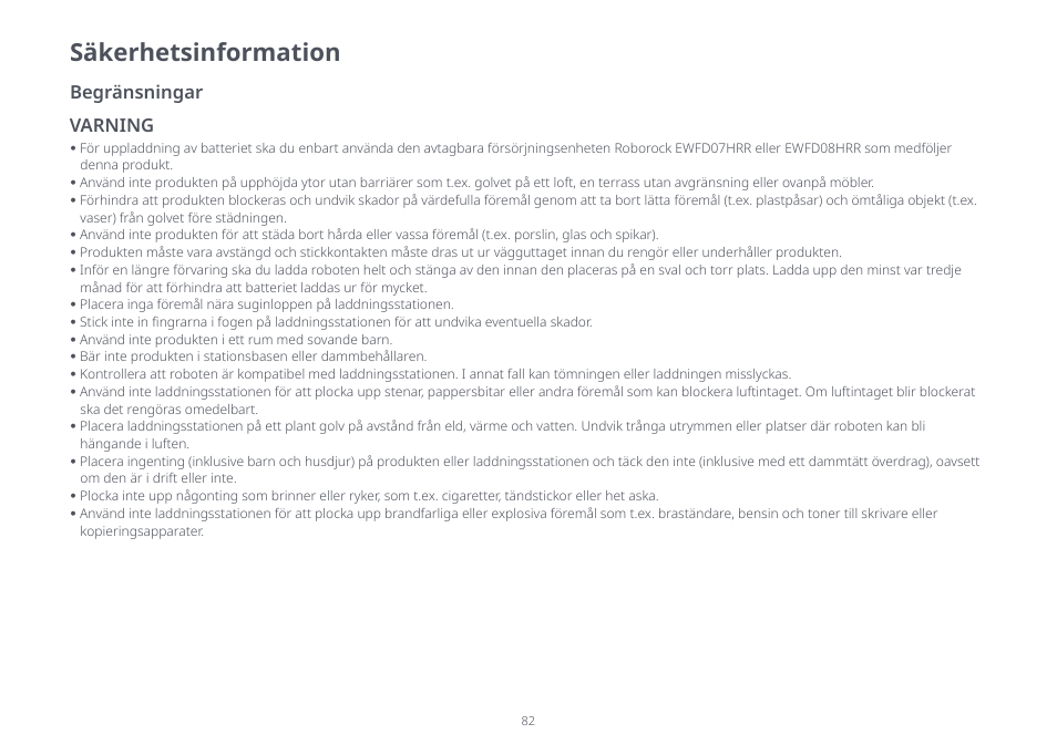 Säkerhetsinformation, Varning begränsningar | Roborock S8 Pro Ultra CE User Manual | Page 82 / 92